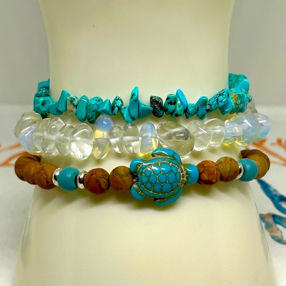 Handmade Sea Turtle Beaded Stone Beach Bracelet Set! New in Box!